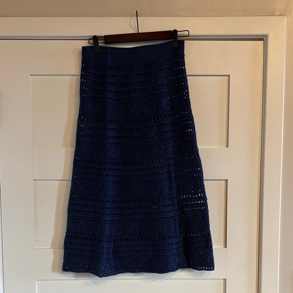 STAUD Deep Blue Crochet Midi Skirt